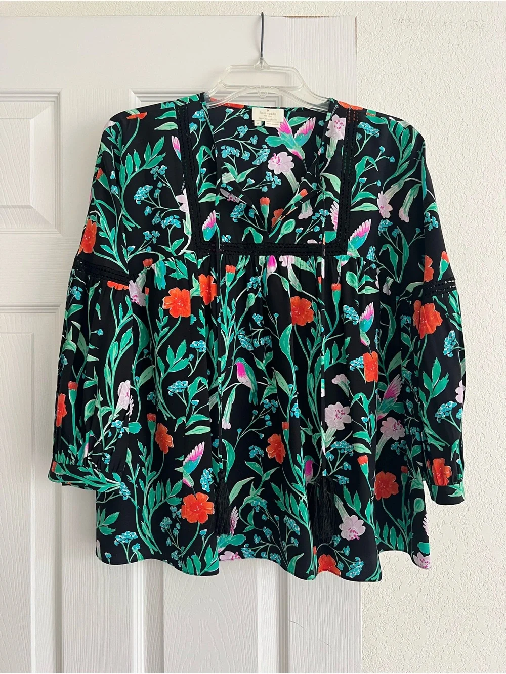Kate Spade Jardin Floral Lace Blouson Sleeve Silk Blouse